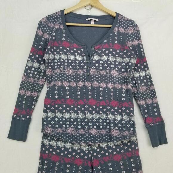 Victorias Secret Thermal Henley PJ Set Small Gray Pink White Waffle Knit Pajamas - Picture 3 of 13
